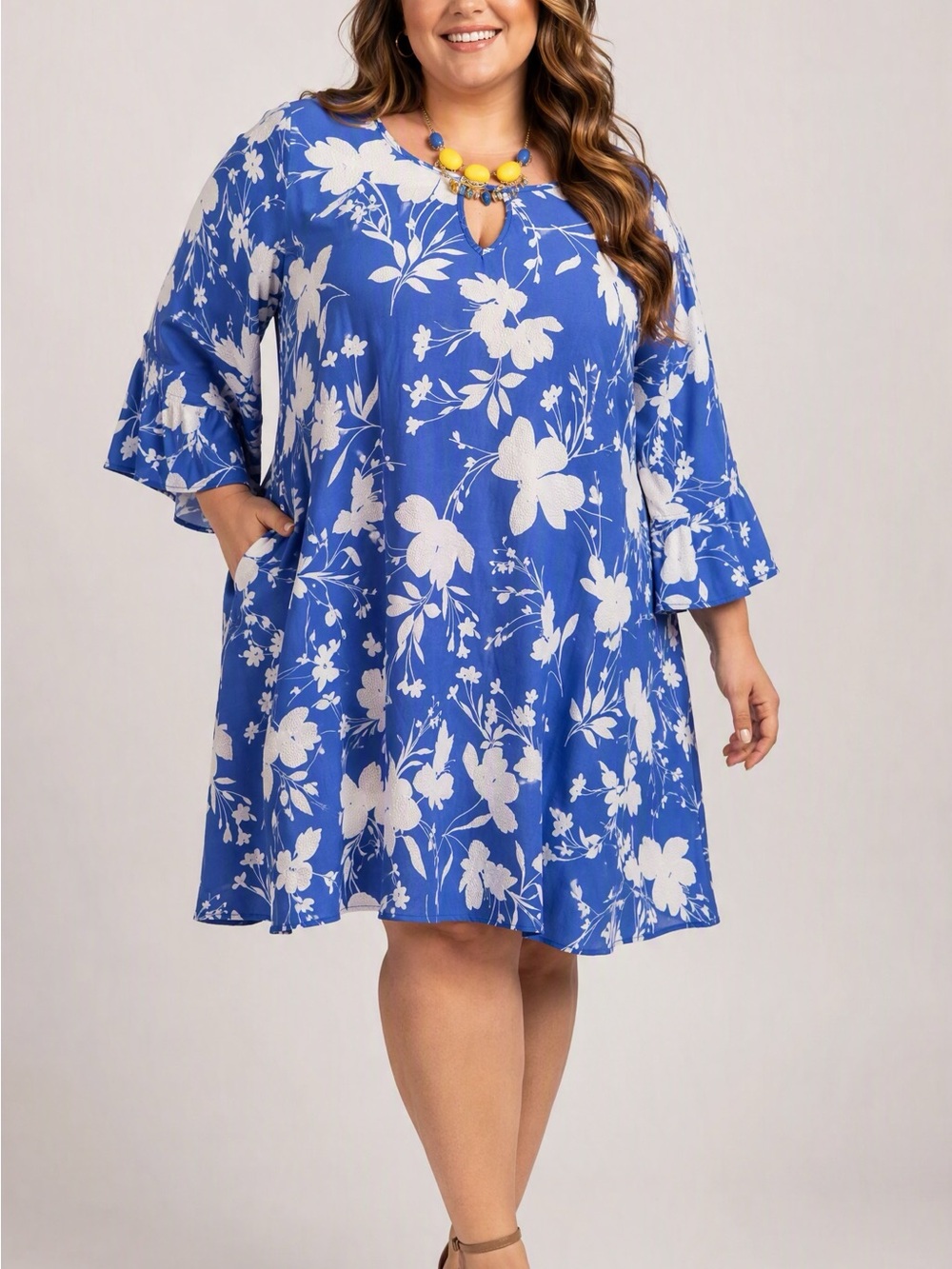 Plus Size Royal Blue Floral Keyhole A-Line Dress
